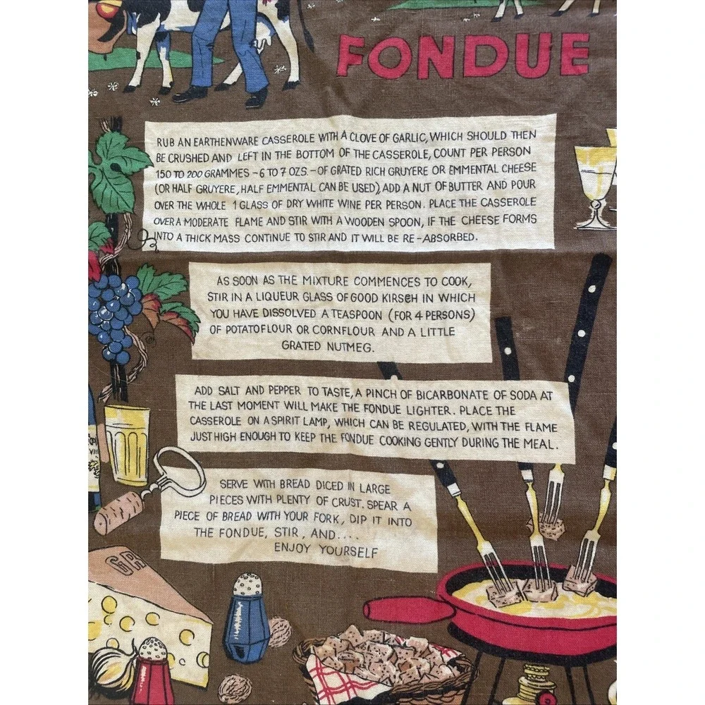 Vintage Recipe Fondue Tea Towel Linen European Kreier Swiss German Kitchen Dish